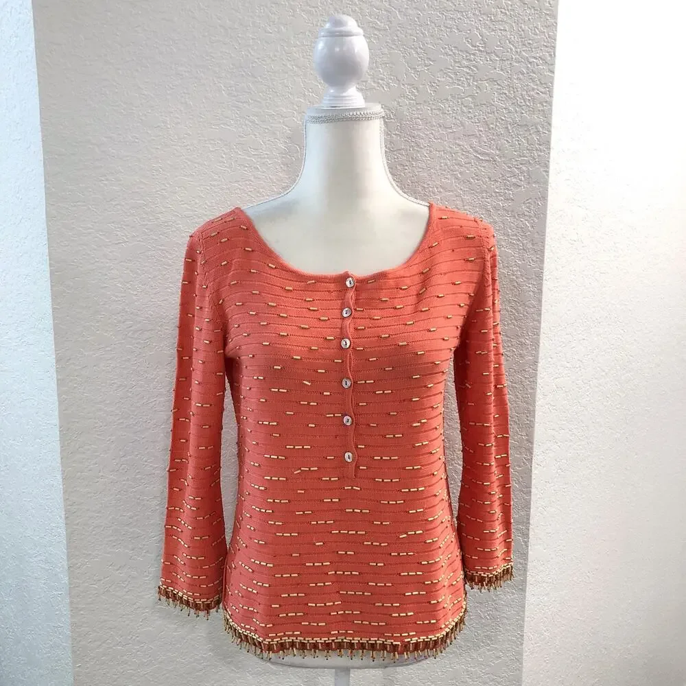Vintage Oscar De La Renta 100% Silk Beaded Coral Sweater Top